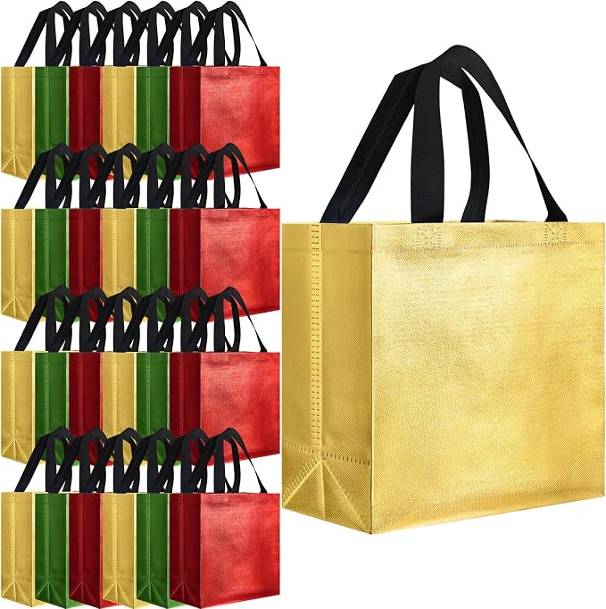 Eccliy Reusable Gift Bags Set Glossy Grocery Gift Tote Bag with Handle for Wedding, Bridal Shower, 4th of July, Summer Event(12 x 11 x 4.7 Inch,Red, Gold, Green,80 Pcs)