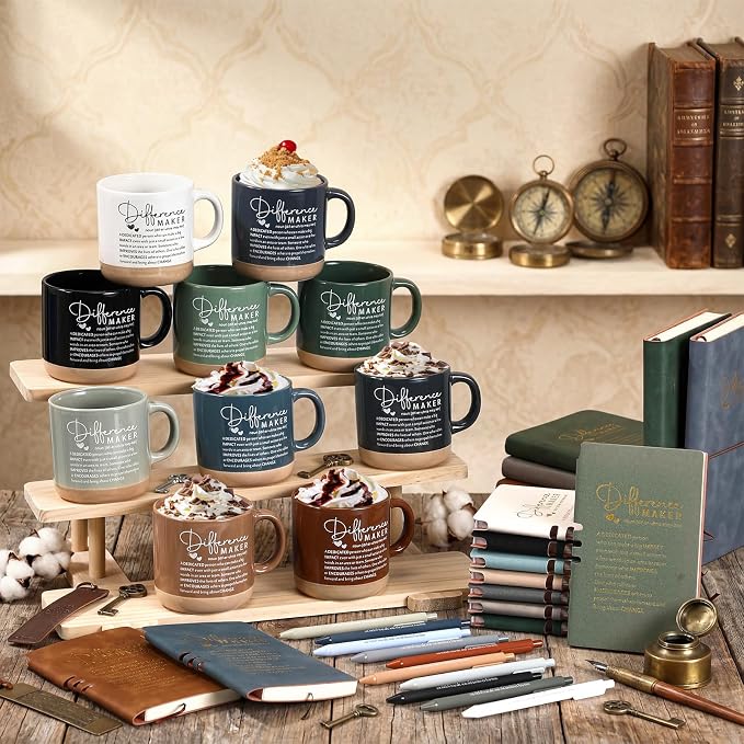 Didaey 10 Sets Difference Maker Appreciation Gifts Set 13oz Inspirational Ceramic Coffee Mugs A6 Leather Notebooks Ballpoint Pens Bulk Thank You Gifts for Employees, Staff, Nurses, Team Members
