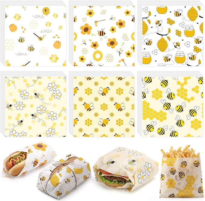Reallnaive 300 Pcs Honey Bee Wax Paper Sheets 12 x 12 Inch Yellow Honeycomb Parchment Deli Tissue Paper Sandwich Wrapping Sheets Food Basket Liners for Kitchen Restaurant Baking Supplies, 6 Styles