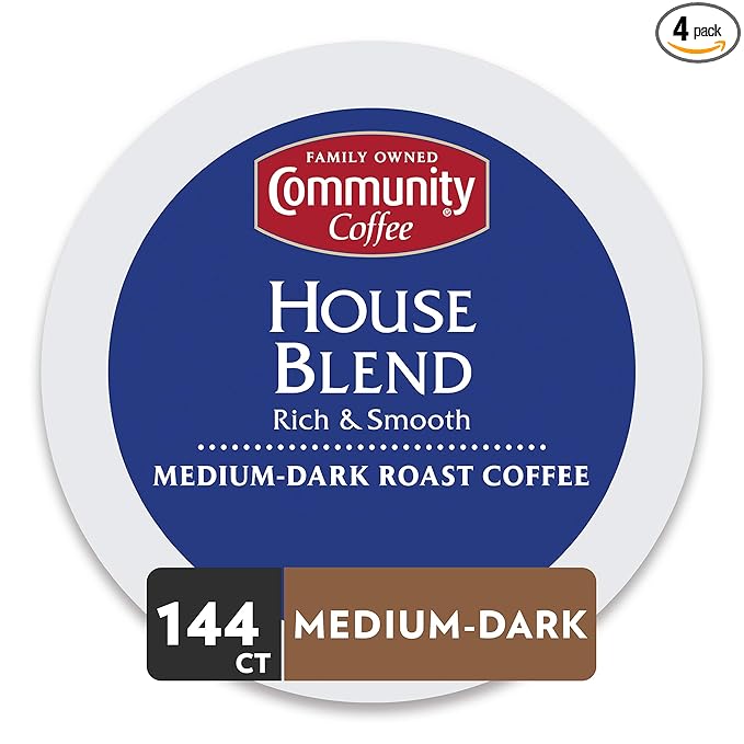 Community Coffee House Blend 144 Count Coffee Pods, Medium Dark Roast, Compatible with Keurig 2.0 K-Cup Brewers, 36 Count (Pack of 4)