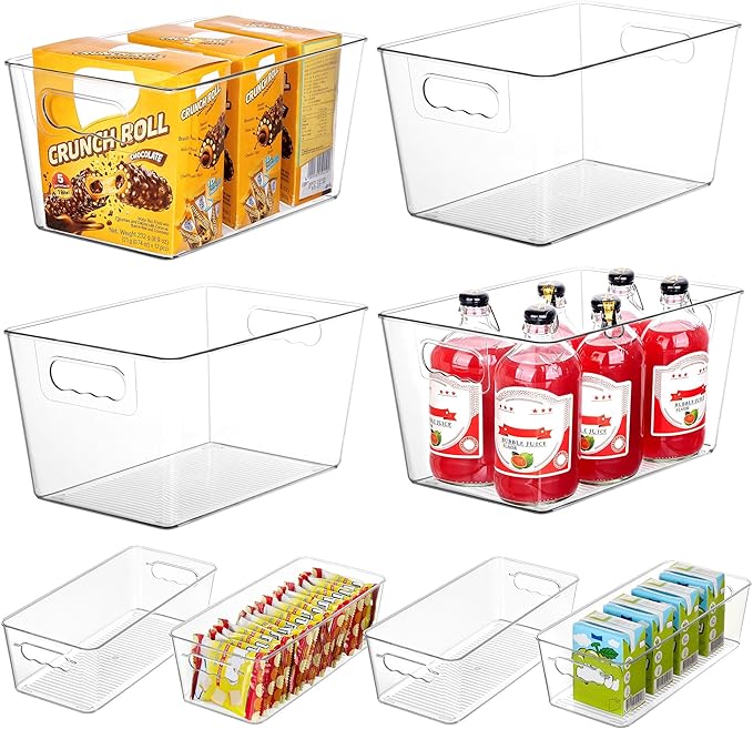 Vtopmart 8 Pack Clear Plastic Storage Bins Set, 4 Large and 4 Small Pantry Organizers and Storage Bins with Handle, Storage Containers for Pantry, Kitchen, Fridge, Cabinet Organization