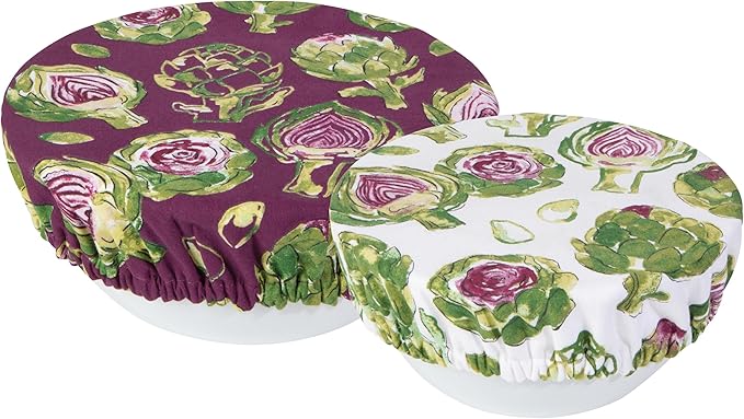 Now Designs Artichoke Collection Bowl Covers Set of 2, Reusable Cotton with Moisture-Locking Lining, DIA7.5in/DIA9.25in, Machine Washable, Purple/Green