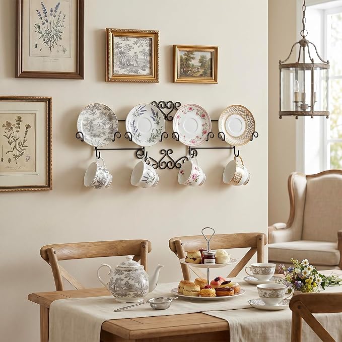MyGift Vintage Scrollwork Black Metal Wire Tea Coffee Cup and Saucer Set Rack, Wall Mounted Decorative Display Shelf Holds Up to 4 Collectible Plates & Mugs