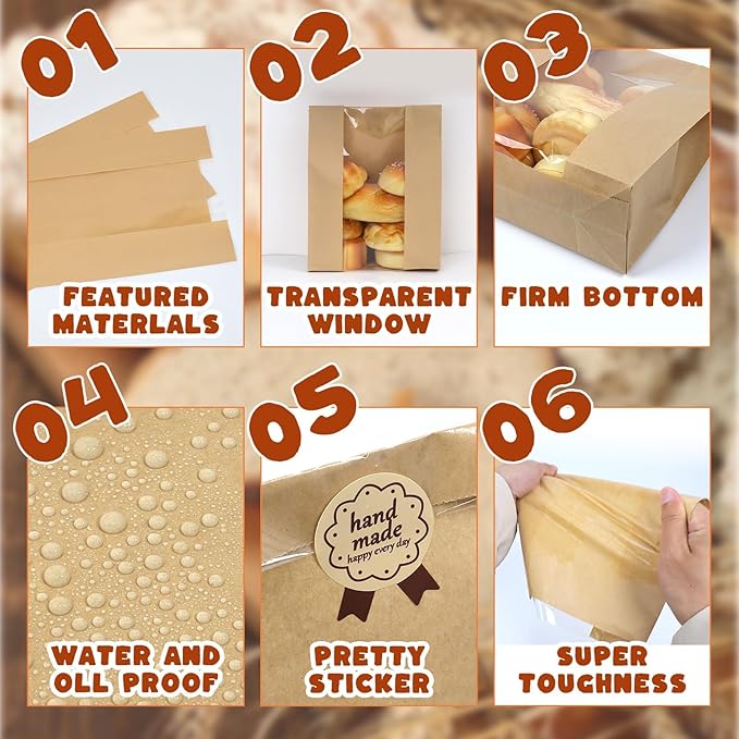 200 Packs Paper Bread Bags for Homemade, Sourdough Bread Bags with Clear Window Includes Label Seal 200 Pcs Stickers, Bakery Packaging Storage for Cookies Snack (13.7x8.2x3.5 inch)