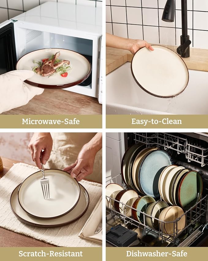 Famiware Milkyway Stoneware Dinnerware Set, 12-Piece, Double Reactive Glaze, Plates and Bowls, Service for 4, Microwave and Dishwasher Safe, Scratch-Resistant, Light khaki & Cocoa