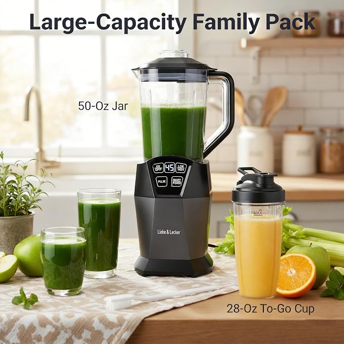 Liebe&Lecker Countertop Blender, 1200W Kitchen Mixer with 50-Oz Jar | Professional Blender with 28-Oz To-Go Cup, 4 Preset Programs for Smoothies, Shakes & Purees, Zero BPA, Matte Black