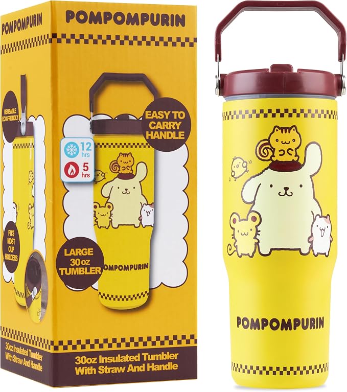Get Trend Hello Kitty Pompompurin 30oz Tumbler with Handle and Straw, Kids Stainless Steel Insulated Water Bottle,BPA-Free,Leak-Proof, Cold for 12h, Hot 5h, Kawaii Gifts for Girls(Yellow Pompompurin)