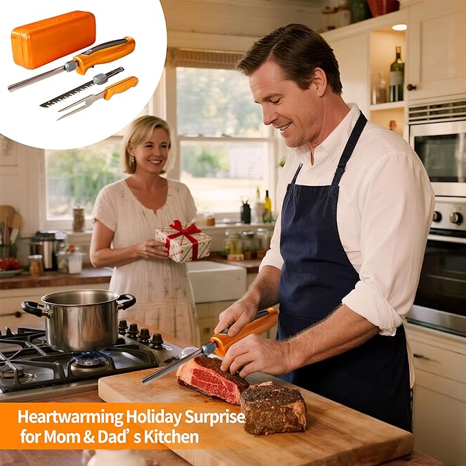 Electric Knife, Electric Carving Knife Set with Two Serrated Stainless Steel Blades, Carving Fork, with Non Slip Handle, Safety Lock and Storage Case for Meat, Bread Fish,Other and Foods.