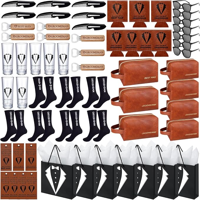 70Pcs Groomsmen Gifts Groomsmen Proposal Box with Shot Glasses Socks Sunglasses PU Leather Toiletry Bag Bottle Opener Can Cooler Groomsman Gifts for Wedding Groomsmen Best Man Gift (70, Brown)