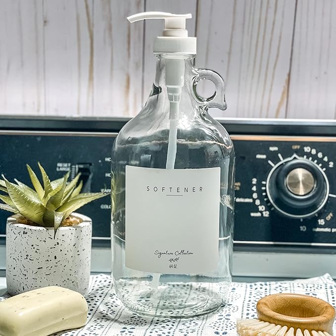 Laundry Detergent Dispenser for Laundry Room - Two Half Gallon Glass Jugs for Fabric Softener Dispenser, Liquid Laundry Soap Dispenser and Bleach - 64 oz. White Commercial Liquid Pump Dispenser