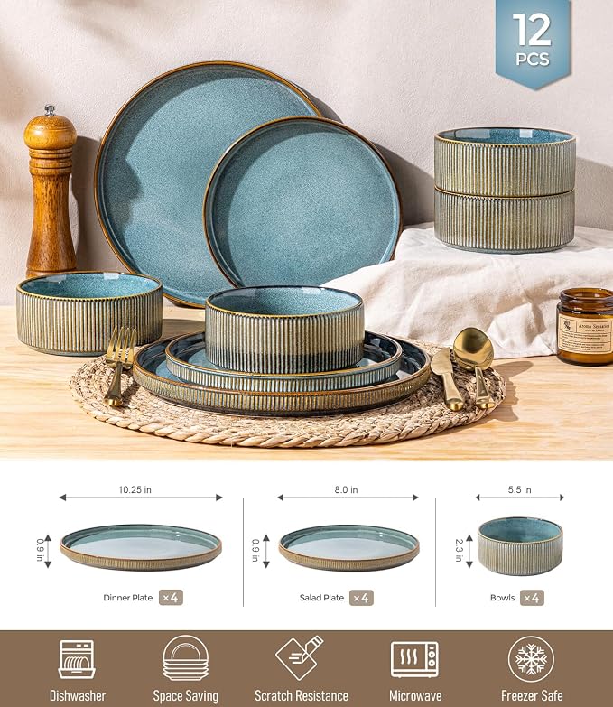 GBHOME 12-Piece Stoneware Dinnerware Set for 4 – Ribbed Ceramic Plates and Bowls, Scratch-Resistant, Microwave & Dishwasher Safe, Reactive Glaze-Space Blue
