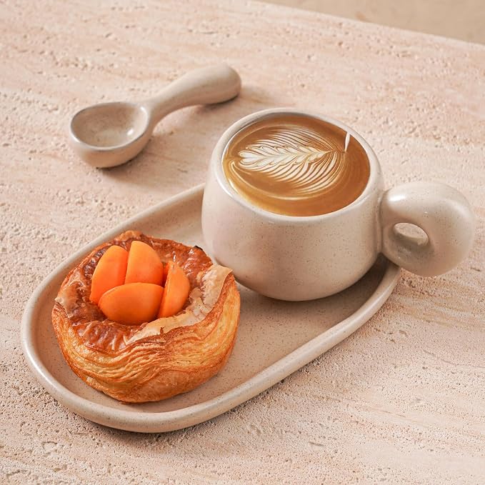 Uaral Ceramic Coffee Mugs Set,Cups Set with Saucer and Spoon for Coffee/Tea Break,Latte Breakfast.10oz Coffee Mug,8inch Ceramic Serving Tray and Spoon.3 Piece,Matte Cream