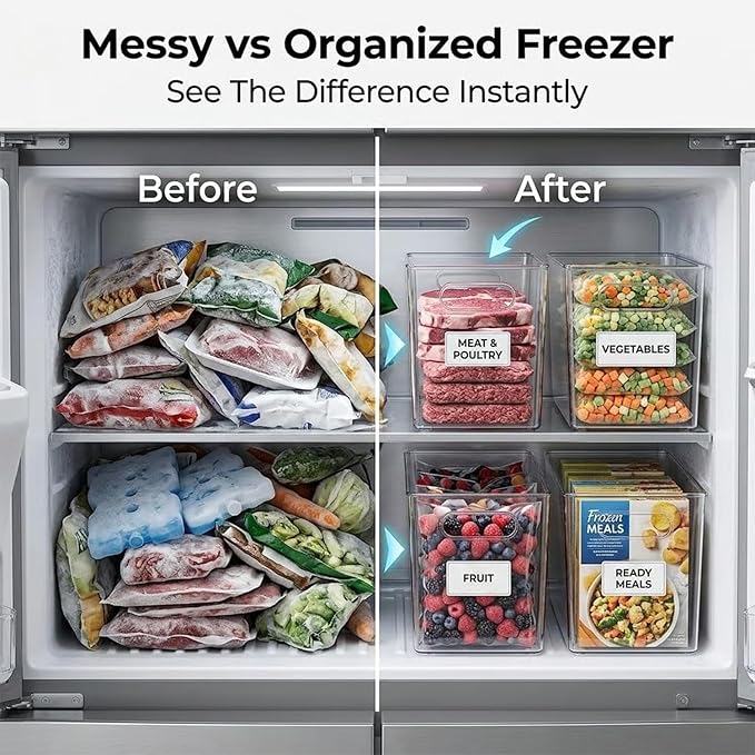 Crystal Clear Freezer Storage Bins, Clear Plastic Organizer Bins with Handles, Stackable Freezer Refrigerator and Pantry Storage Containers for Frozen Food, Meat, Vegetables, Meals and Snacks (4 pack)