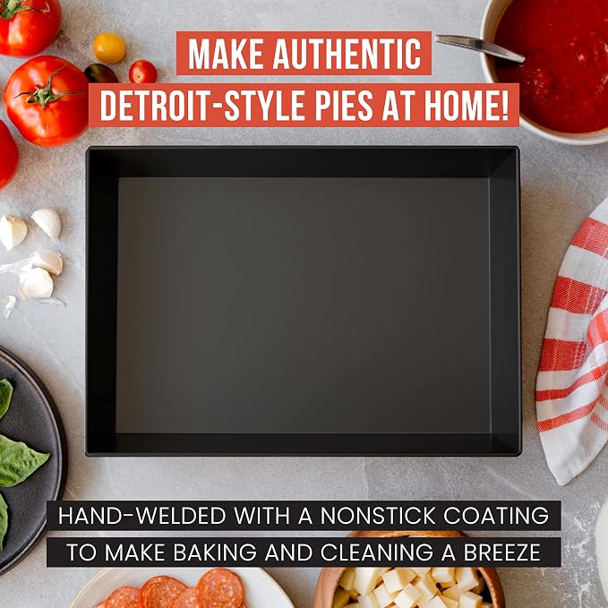 Chef Pomodoro Detroit Style Pizza Pan, 10 x 14 inch, Hard Anodized Rectangular Aluminum Deep Dish Pizza Pan, Pre-Seasoned Bakeware Kitchenware | Pre-Seasoned Nonstick Rectangular Bakeware, 2.5in Deep, Great for Casseroles, Focaccia & Deep Dish Desserts