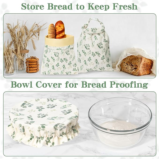 Reusable Beeswax Bread Bags - 3 Pack Bees Wax Food Bag, Homemade Sourdough Bread Storage with Bowl Cover, Linen Cotton Large Beeswax Freezer Container for Home Kitchen (Eucalyptus Leaf)
