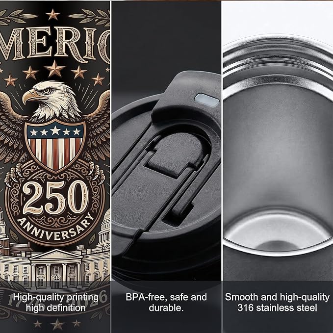 250th Anniversary Coffee Mug, 18 oz Insulated Mug, 250 Years America Garden Flag, Vintage Patriotic Design with 1776-2026 Dates, Military Anniversaries, Retirement & Holiday Commemorative Gift, Black