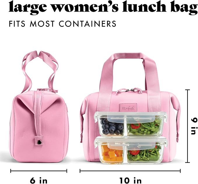 Fit & Fresh Remi Lunch Bag for Women Work – Neoprene Lunch Tote with Containers & Ice Pack, Reusable Meal Prep Lunch Box, Large Capacity, Machine Washable, Pink