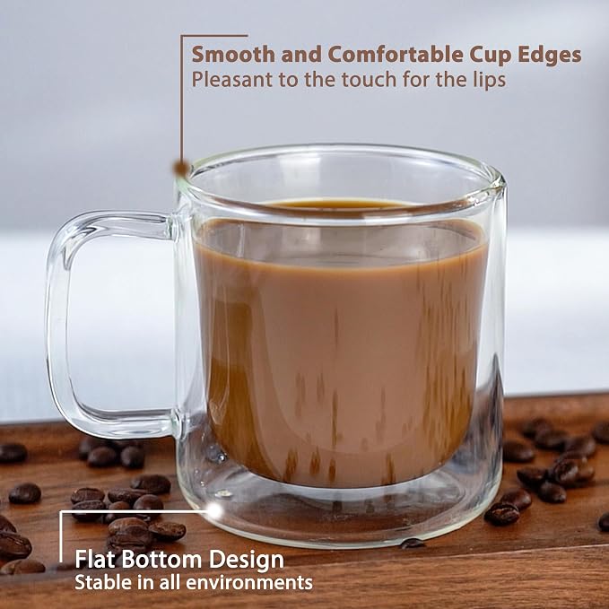 Aquach 8oz Double Walled Glass Coffee Mugs 2pcs, Insulated Espresso Cups | Dishwasher/Microwave Safe, Borosilicate Glass, Double-walled, Smooth Rim, Comfort Handle, Small Capacity