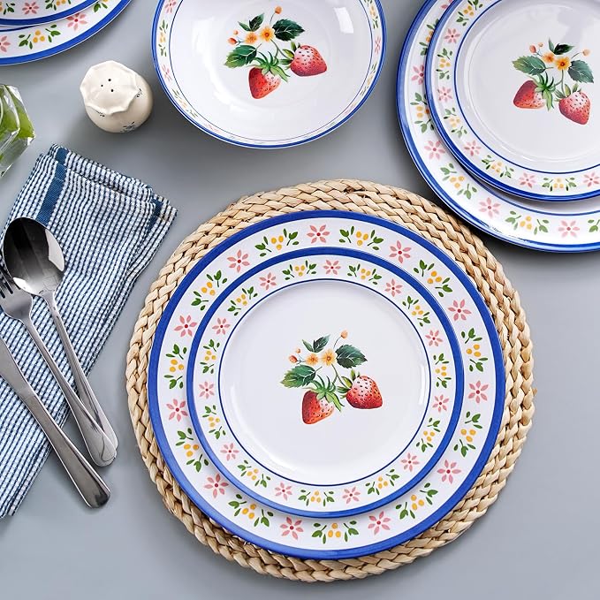 12-Piece Melamine Dinnerware Set - Unbreakable Dish Set， Indoor and Outdoor Plates and Bowls Sets for Perfect for Picnics, Camping, RV, and Beach Parties， Service for 4（Strawberry）