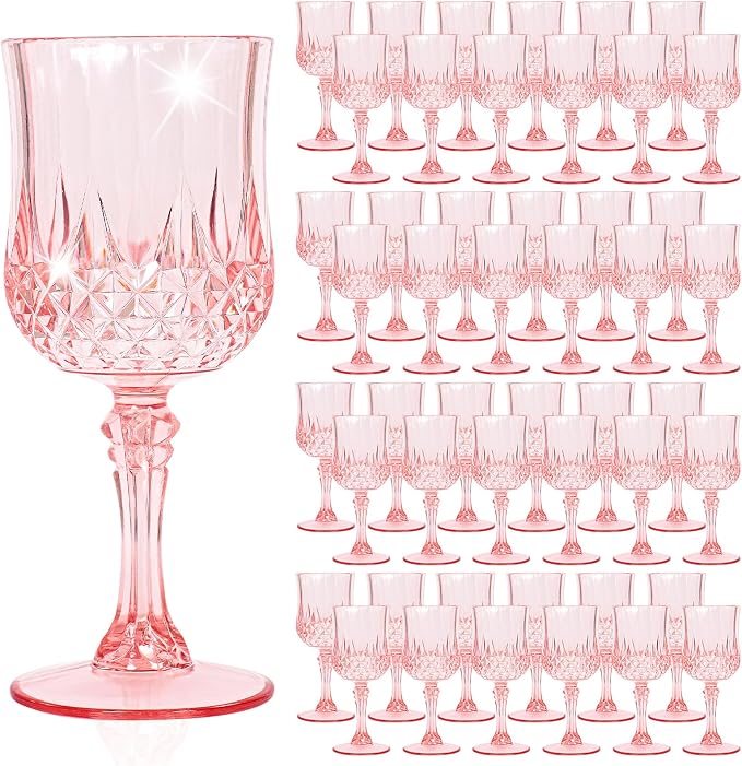 48 Pack Light Pink Plastic Wine Glasses, Vintage Plastic Goblets for Parties, Drinking Glasses Unbreakable Glassware Crystal Water Goblets Reusable Drinkware for Wedding Reception Grand Event Party