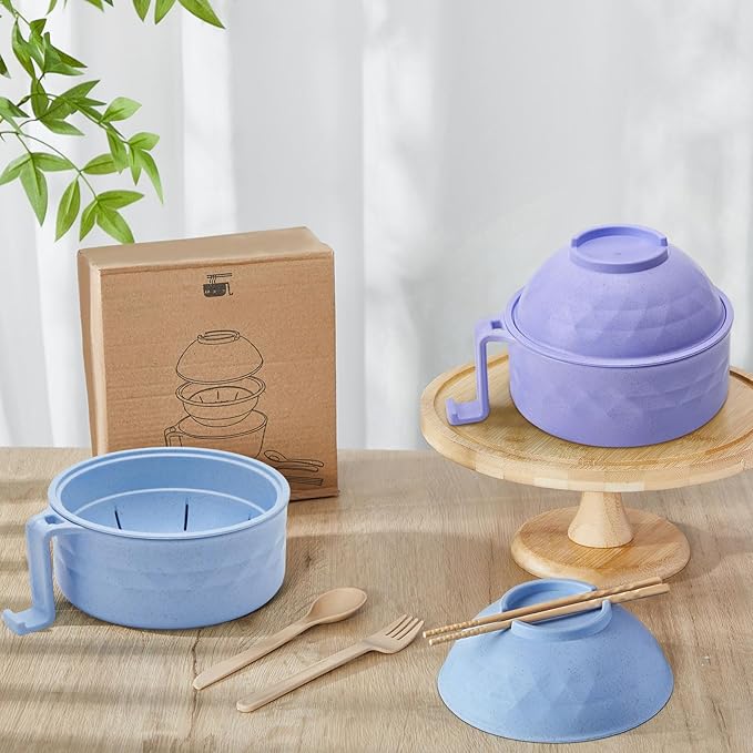 2 Sets Microwave Ramen Bowl 40 oz Wheat Fiber Portable Instant Noodle Cooker Bowl with Handles Strainer Spoon Chopstick Fork College Dorm Room Apartment Essentials(Purple, Light Blue)