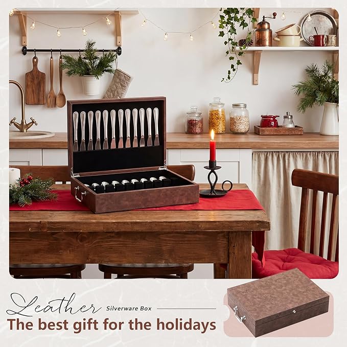 DoubleFill 1 Layer Leather Silverware Storage Box with Lid and Handles, Anti Tarnish Silverware Storage Chest Case with Felt-lined for 12 Sets of Utensils Flatware Gifts, 15.3x11.2x3.6 Inch