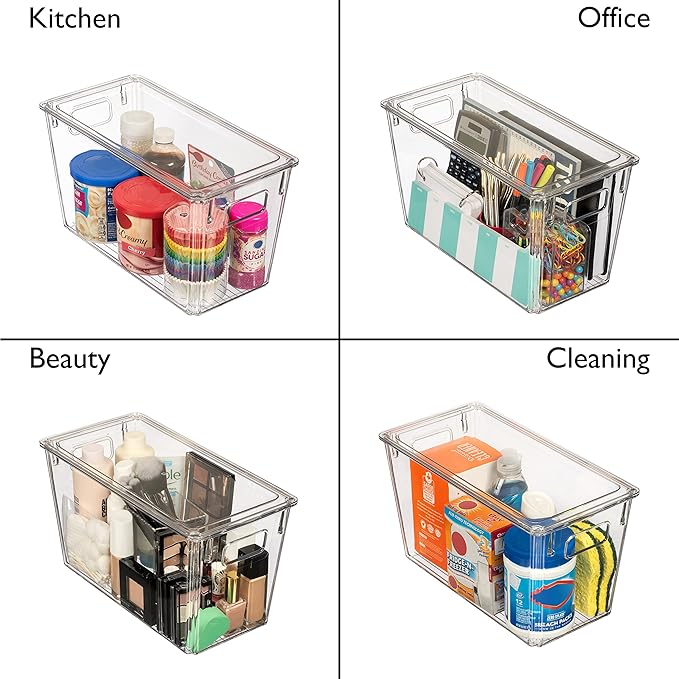 ClearSpace Modern Plastic Storage Bins with Lids Perfect Kitchen Organization or Pantry Fridge Organizer, 8 Pack, Transparent, Rectangular, 12.5" x 6" x 7", 9L Capacity, 8 Compartments
