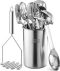 Bartnelli 11-Piece Kitchen Utensils Set with Holder - Non-Stick Stainless Steel Cooking Utensils with Heat-Resistant Handle - Includes Cooking Spoons, Potato Smasher, Slotted Turner, Whisk, and More