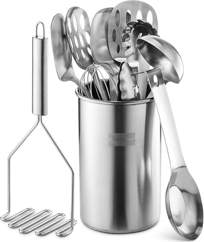 Bartnelli 11-Piece Kitchen Utensils Set with Holder - Non-Stick Stainless Steel Cooking Utensils with Heat-Resistant Handle - Includes Cooking Spoons, Potato Smasher, Slotted Turner, Whisk, and More