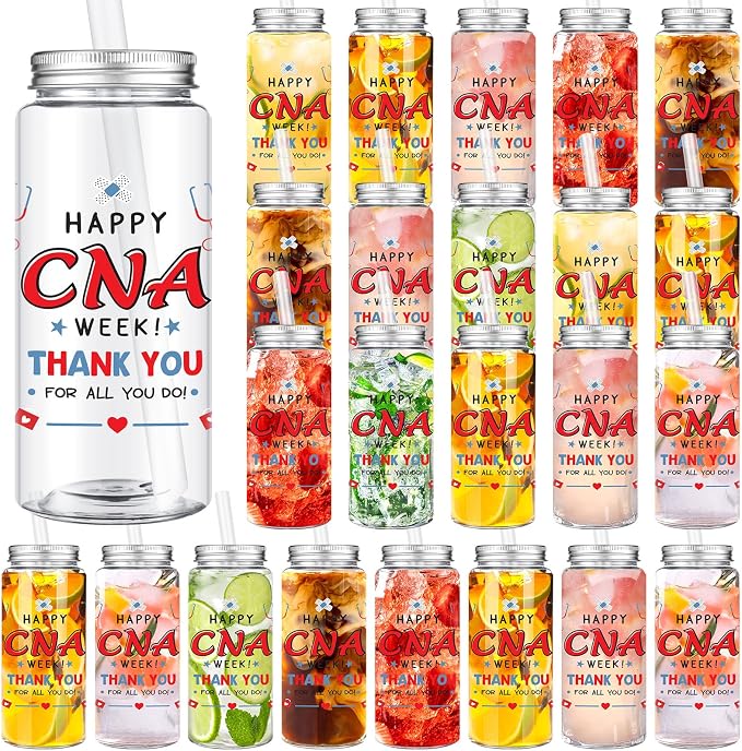 Skylety 24 Pcs CNA Gifts Cups Bulk, 2026 CNA Week Gifts, Nursing Assistant 14 oz Reusable Plastic Cups with Straw and Lid for Nursing Assistant Medical Staff Graduation