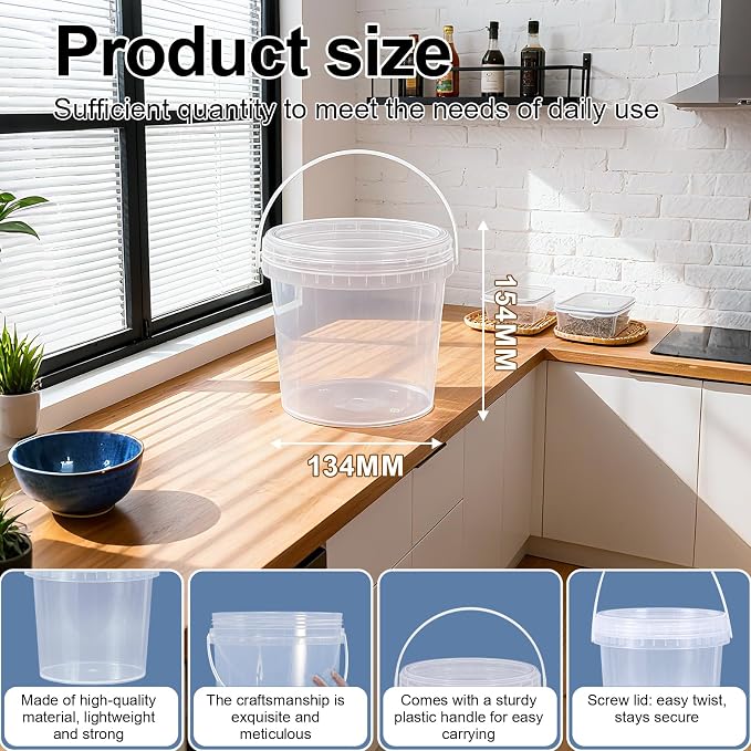 4 Pack 64oz Food Grade Plastic Buckets with Screw Lids & Handle, Reusable Storage Containers for Snacks, Salad, Sauce - Clear Freezer Safe Bucket Set