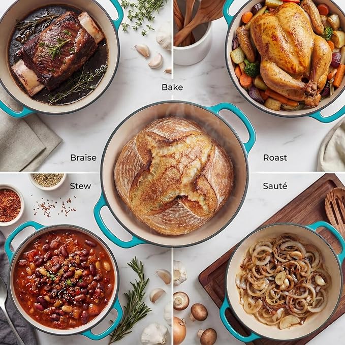Zulay Kitchen 6.4QT Enameled Cast Iron Dutch Oven Pot with Lid, Heavy-Duty Soup Pot for Stews, Braising, Roasting & Sourdough Bread Baking, Oven Safe up to 500°F - Light Blue