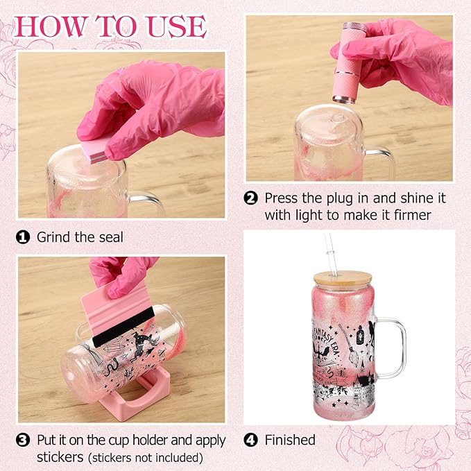 Baderke 20 Pcs Snow Globe Tumbler DIY Kit 16 oz Tumbler Squeeze Bottle, Glitter, Funnel Tweezer Silicone Cup Cradle Measuring Cup Glove Flashlight Buffer for Beginner(Pink,Special)