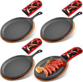 Lallisa 4 Sets Cast Iron Fajita Plate Set Fajita Plate Pan with Wooden Tray Anti Scald Protection Hot Mitt Cast Iron Skillet Set for Home Barbecue Kitchen Party Restaurant Catering Service
