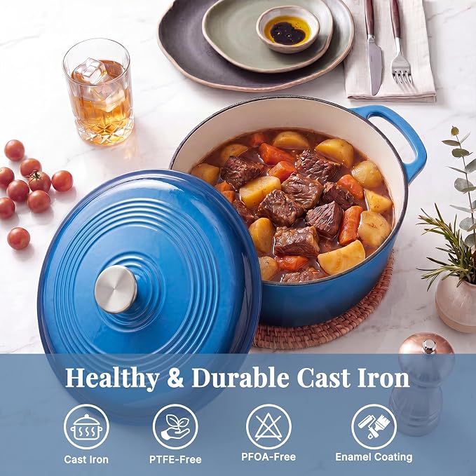 DUMOS Cast Iron Dutch Oven, 6 Quart Pot with Lid, Enameled Heavy Duty Cookware, Oven Safe to 500°F, Perfect for Bread Baking, Braising, Stews and Roasting, Moisture Sealing Lid with Dual Handles, Gradient Blue