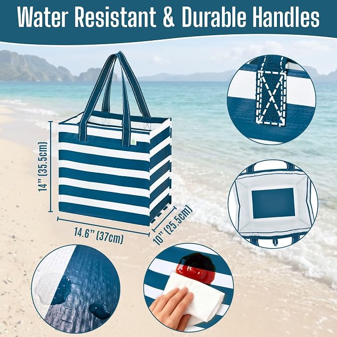 VENO 4 Pack Reusable Grocery Shopping Bags, Heavy-Duty Tote Bags with Handles, for Shopping Cart with Hard Bottom to Stand Upright, Foldable (Navy Stripe, 4 Pack)