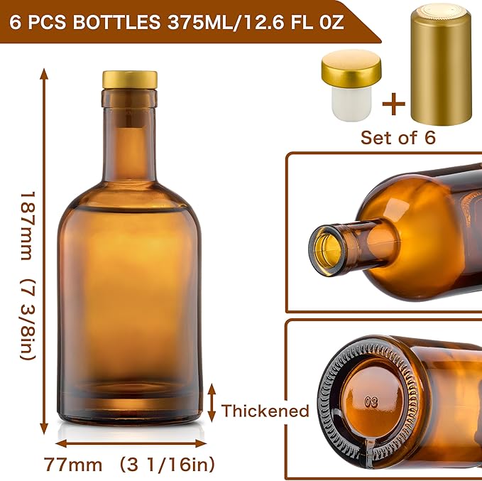 Danmu 12 fl.oz.Glass Bottles with Airtight Lid,Thick Base Glass Bottles with T-Top Cap,Glass Bottles for Liquor,Wine,Beverages,Oil,Vinegar,Kombucha,Beer,with Cork Stopper,375ml 6 Pack