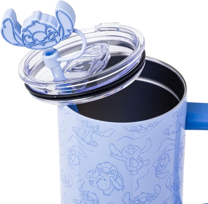 Silver Buffalo Disney Lilo and Stitch Poses Pattern Double Walled Stainless Steel Tumbler with Handle, Straw, and Straw Cap, Fits in Standard Cup Holder, 40 Ounces