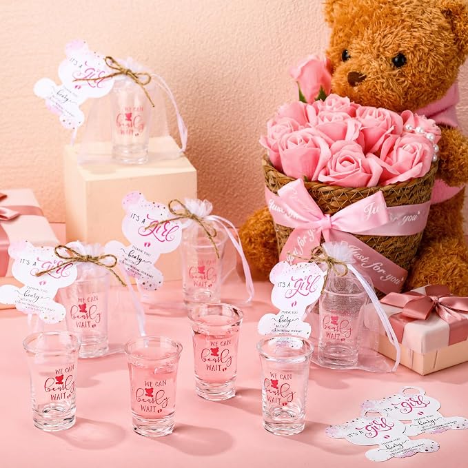 Pickmesh 25 Sets Baby Shower Favor for Guests Include Bear Girl Acrylic Clear Shot Glasses Thank You Cards Organza Bags Babies Shower Gifts for Gender Reveal Party Supplies