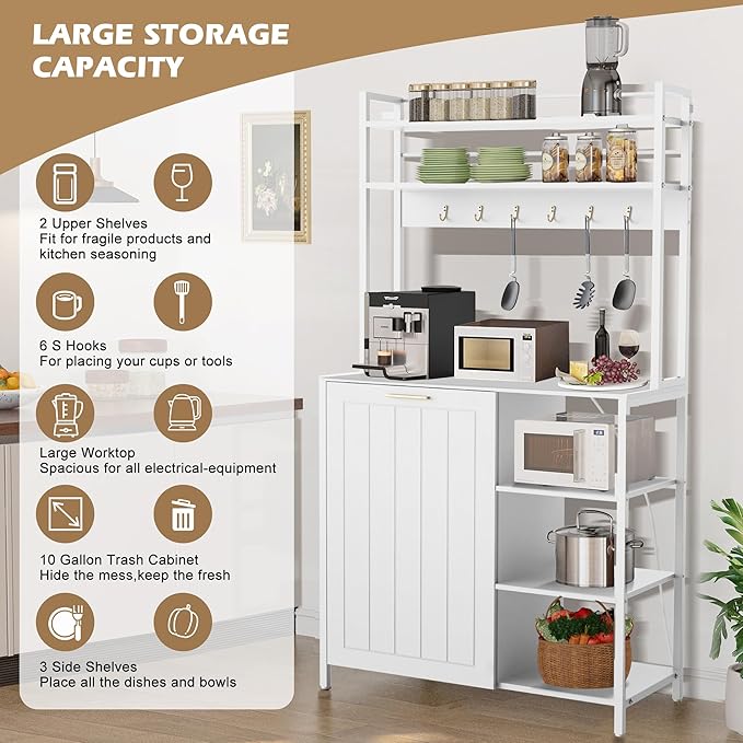 Kitchen Bakers Rack with Power Outlets, 63"H Microwave Oven Organizer with Tilt Out Trash Can Cabinet Storage Shelf 6 Tiers Coffee Bar Stand, Freestanding Pantry Hutch Rack with 6 Hooks (white)