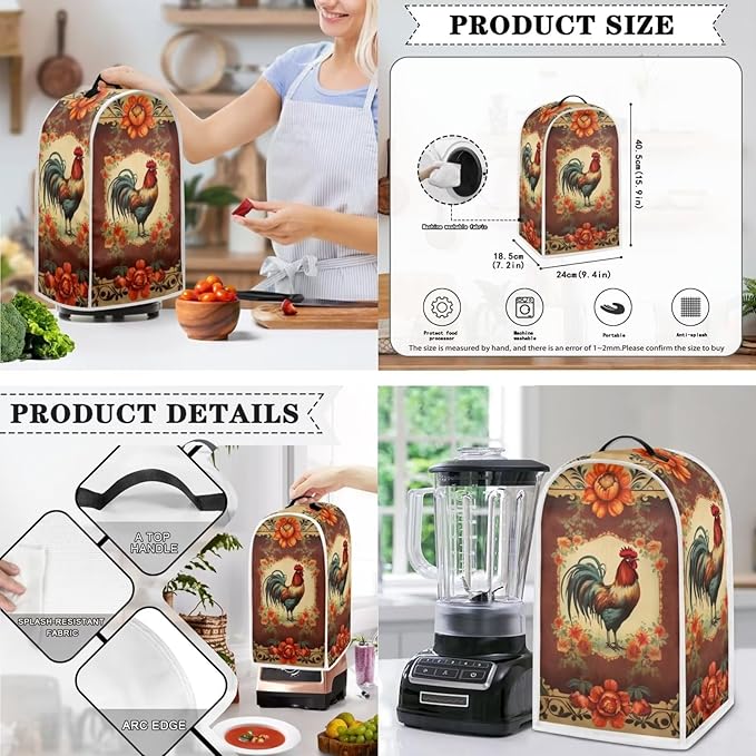 Vintage Chicken Rooster Flower Pattern Appliance Covers Set Washable Kitchen Blender Dust Cover Bread Maker Toaster Cover 4 Slice Kitchen Accessories Size L