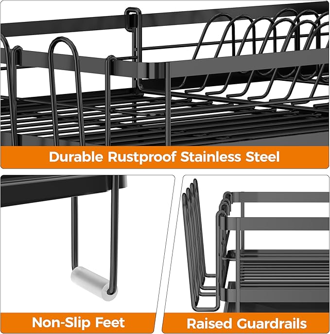 Delamu Stainless Steel Dish Drying Rack, Expandable Dish Drainer, Anti-Rust Large Dish Racks for Kitchen Counter, Dish Strainers with Drainboard, Utensil & Cup Holder, 13.4"-28.7" L x 11.8" W, Black
