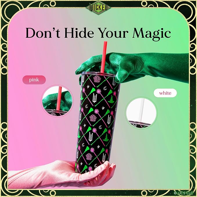 Dragon Glassware x Wicked Vacuum Insulated Tumbler with Lid and Straw - 24 oz Tumbler Cup with 2 Straws - Stainless Steel Tumbler with Straw for Water, Iced Tea - Wicked Movie Green Tumbler with Straw