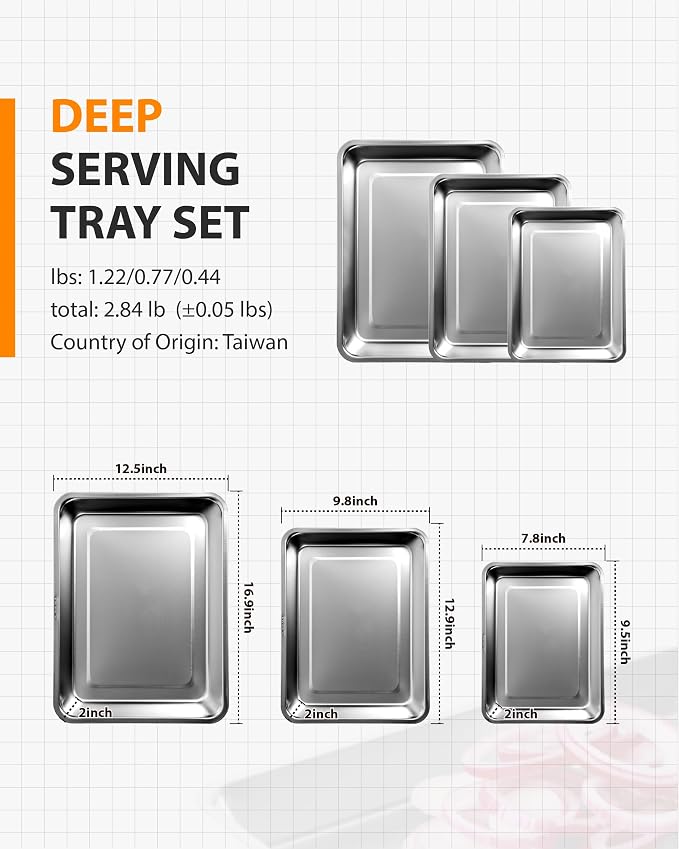 3-Piece Baking Pan Set, 304 Stainless Steel, 2-Inch Deep, Oven Safe to 450°F, Corrosion-Resistant, Easy to Clean, Stackable, 16-Inch, 12-Inch, 9-Inch Sizes