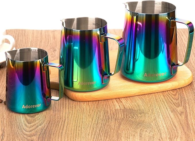 Milk Frothing Pitcher Colorful 350ml (12oz) Steaming Pitchers Stainless Steel Milk Coffee Cappuccino Latte Art Barista Steam Pitchers Milk Jug Cup with Decorating Art Pen