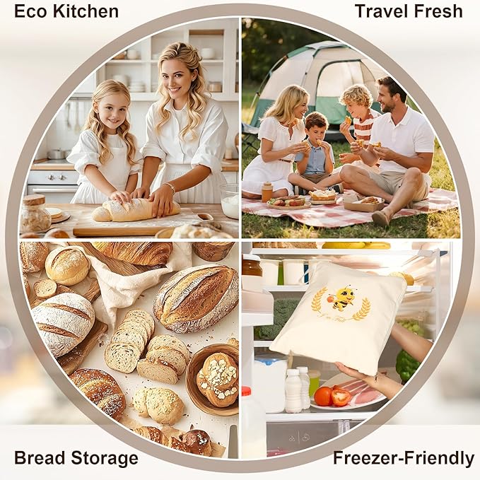 Beeswax Bread Bags, XL Reusable Linen Cotton Sourdough Bread Bag with Sealing Zip for Homemade Bread to Keep Fresh, 2 Pack