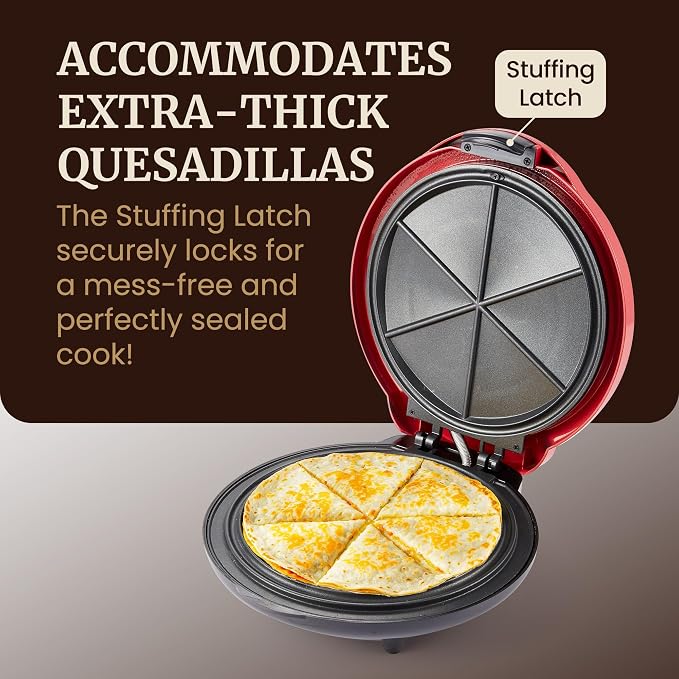 Elite Gourmet 10.65" Cheesy Quesadilla Maker, 2-Position Locking Latch For Extra Stuffing, Easy-Slice 6-Wedge, Red