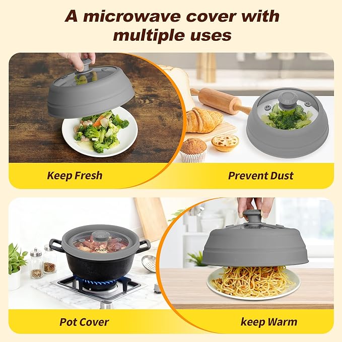 Microwave Splatter cover, Glass Microwave Cover for Food, 10.8 inch Guard Lid with Collapsible Silicone for 6-10 inch Plates & Bowls, Dishwasher Safe, 450°F Heat Resistant, BPA-Free, Gray