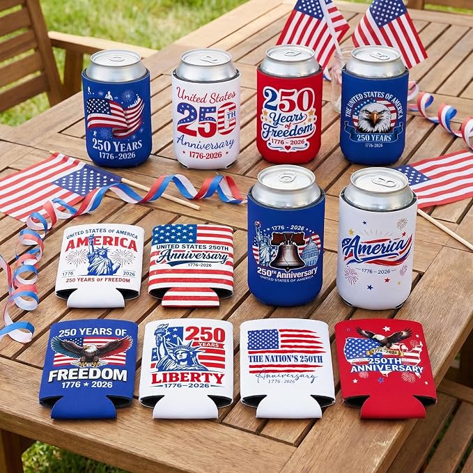 4th of July 250th Anniversary Can Cooler Sleeves 12 Pack American Patriotic Insulated Neoprene Drink Holder for Memorial Day Fourth of July Accessories Party Favors