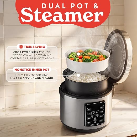 Gourmia Rice Cooker – 3 Qt Capacity, 12 Cup Cooked, 6 Cup Uncooked, Digital Controls, Grain Cooker & Steamer, Built-In Steamer Basket, Nonstick Ceramic Pot, Delay Timer, Keep Warm, Stainless Steel